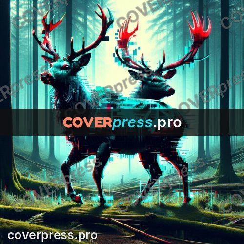 Glitch poster: stag with antlers in a forest