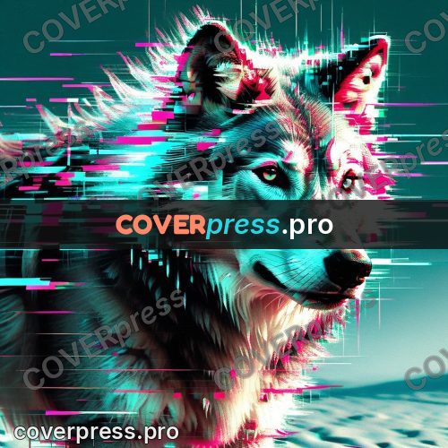 Glitch poster: wolf in magenta streaks