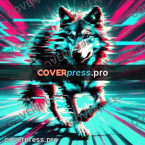 Glitch poster: wolf in magenta streaks