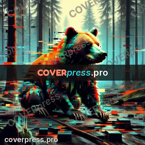 Glitch poster: bear among blocks in a forest