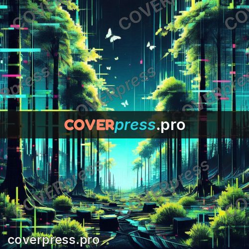 Glitch poster: green forest with vertical bands