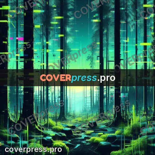 Glitch poster: green forest with vertical bands