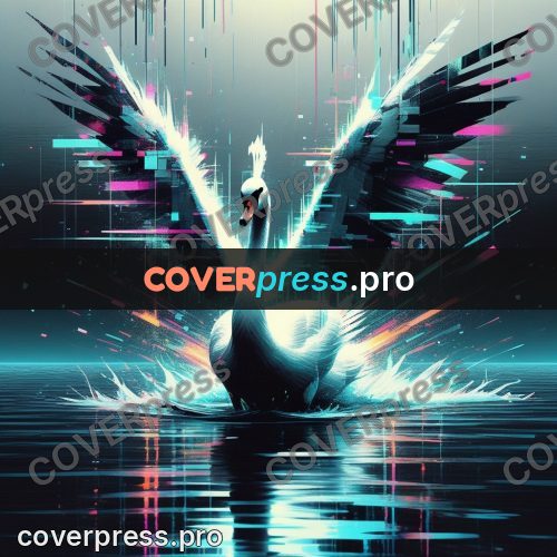 Glitch poster: swan beating wings over water