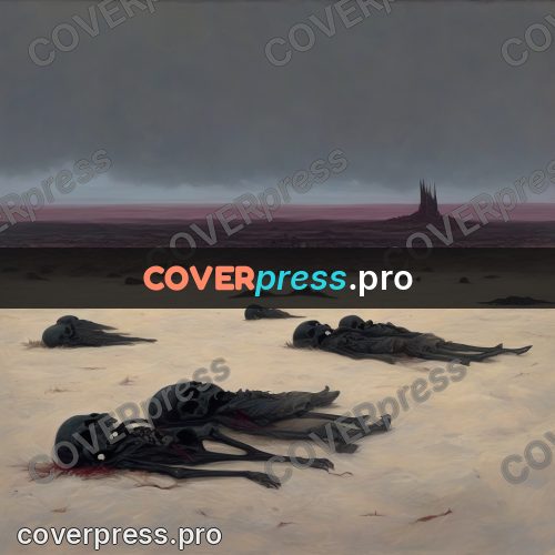 Dark fantasy illustration: plain covered with skulls