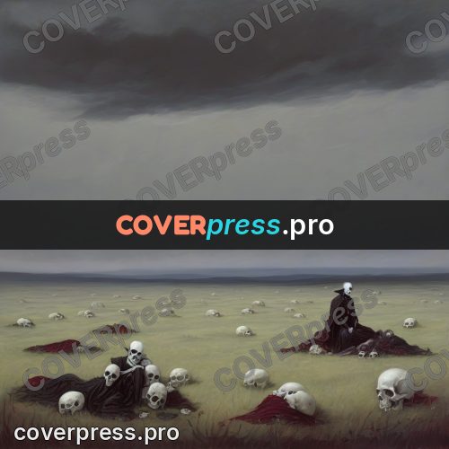 Dark fantasy illustration: plain covered with skulls
