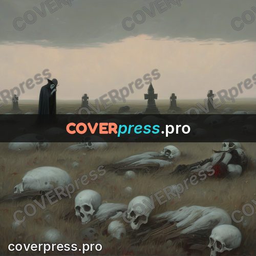 Dark fantasy illustration: plain covered with skulls