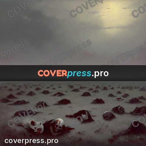 Dark fantasy illustration: plain covered with skulls