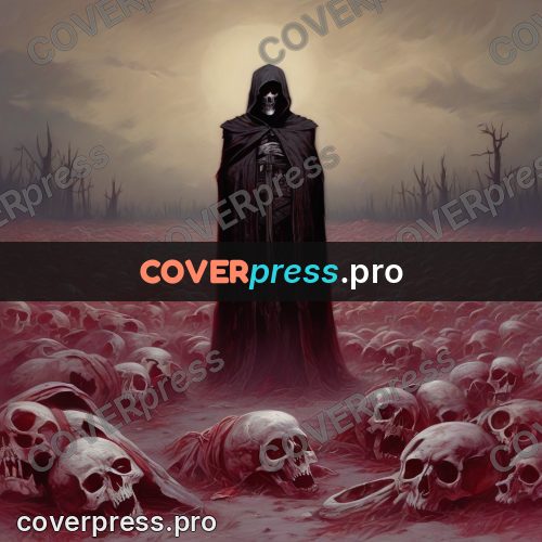 Dark fantasy illustration: cloaked figure over a bone field