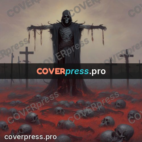 Dark fantasy illustration: cloaked figure over a bone field