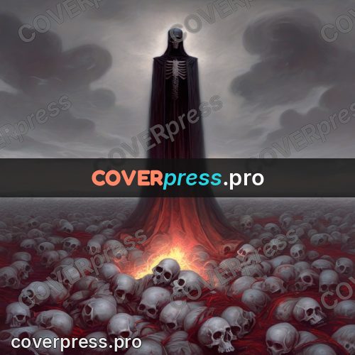 Dark fantasy illustration: cloaked figure over a bone field