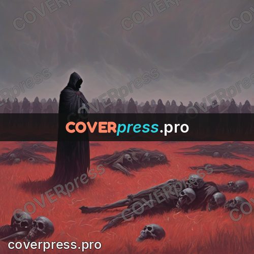 Dark fantasy illustration: cloaked figure over a bone field
