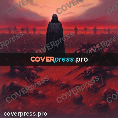 Dark fantasy illustration: cloaked figure over a bone field
