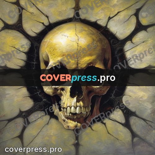 Dark fantasy illustration: skull in a web of cracks