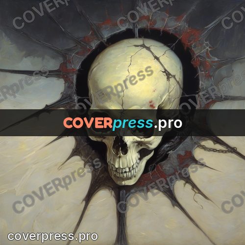 Dark fantasy illustration: skull in a web of cracks
