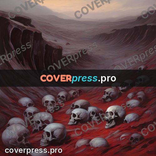 Dark fantasy illustration: bone field in a valley