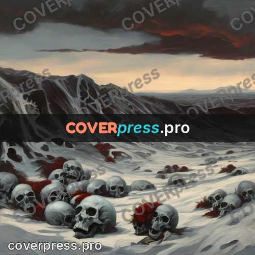 Dark fantasy illustration: bone field in a valley