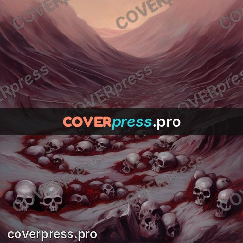 Dark fantasy illustration: bone field in a valley