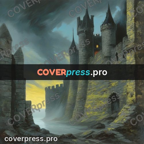Dark fantasy illustration: castle wall with towers