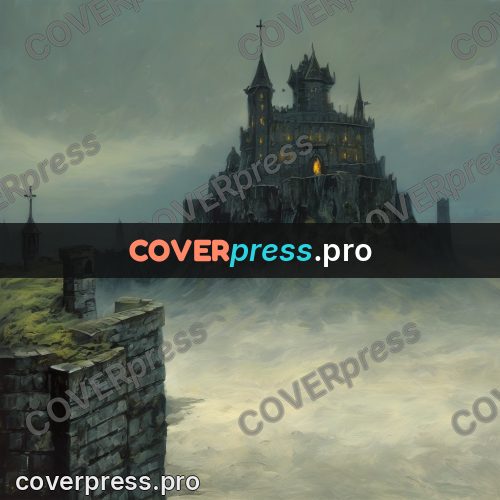 Dark fantasy illustration: castle wall with towers