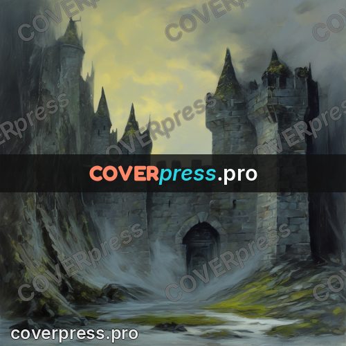 Dark fantasy illustration: castle wall with towers