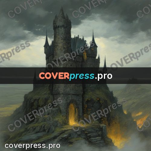 Dark fantasy illustration: castle wall with towers