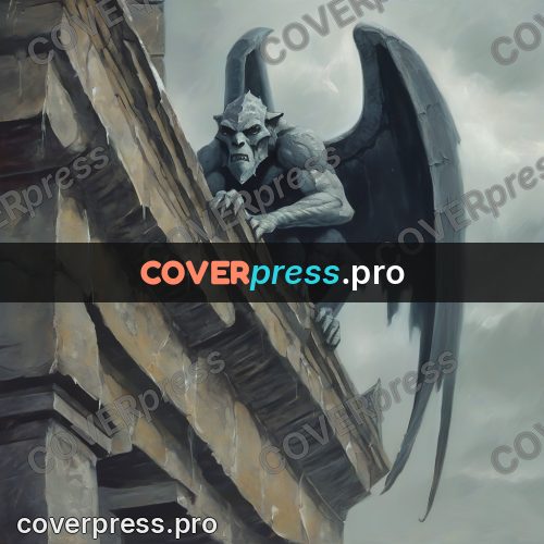 Dark fantasy illustration: gargoyle with wings on a cornice