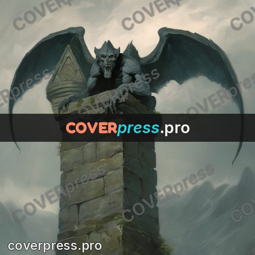 Dark fantasy illustration: gargoyle with wings on a cornice
