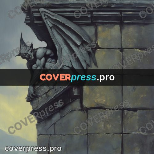 Dark fantasy illustration: gargoyle with wings on a cornice