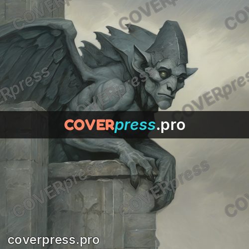 Dark fantasy illustration: gargoyle with wings on a cornice