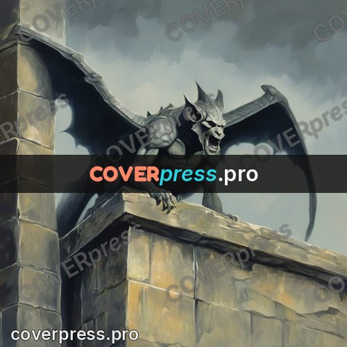 Dark fantasy illustration: gargoyle with wings on a cornice