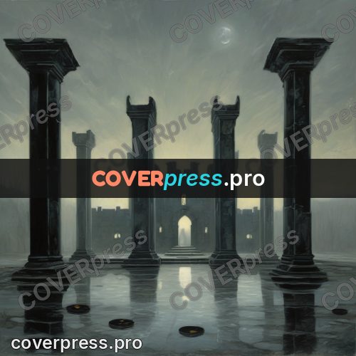 Dark fantasy illustration: courtyard with columns and water