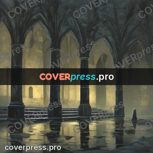 Dark fantasy illustration: courtyard with columns and water