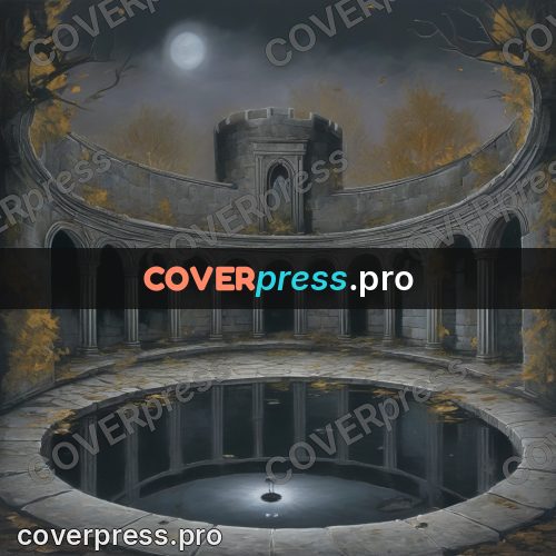 Dark fantasy illustration: courtyard with columns and water