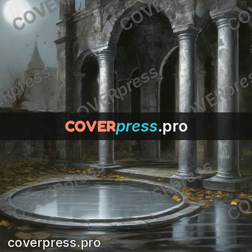 Dark fantasy illustration: courtyard with columns and water