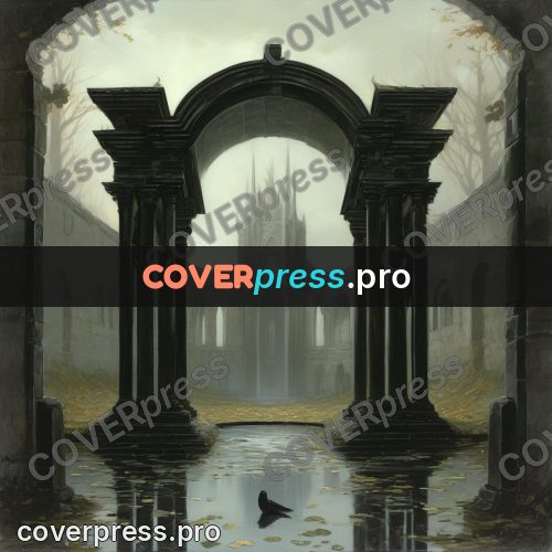 Dark fantasy illustration: courtyard with columns and water