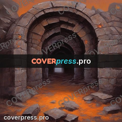 Dark fantasy illustration: stone arch with orange light