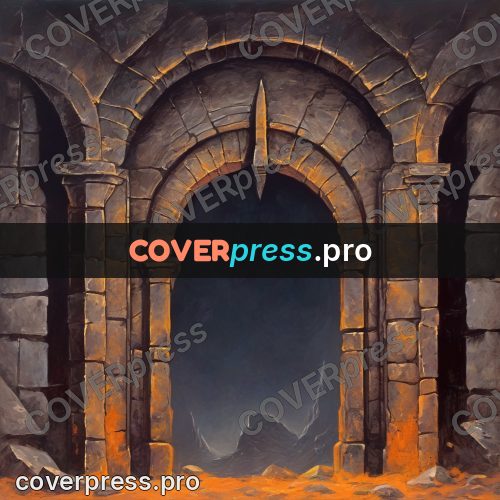 Dark fantasy illustration: stone arch with orange light