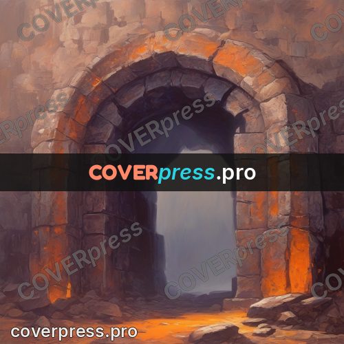 Dark fantasy illustration: stone arch with orange light