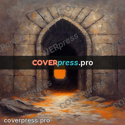 Dark fantasy illustration: stone arch with orange light