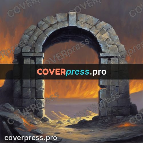 Dark fantasy illustration: stone arch with orange light