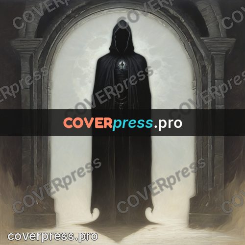 Dark fantasy illustration: figure in an arch against light