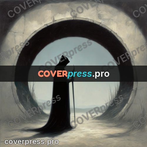 Dark fantasy illustration: figure in an arch against light