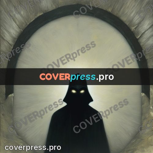 Dark fantasy illustration: figure in an arch against light
