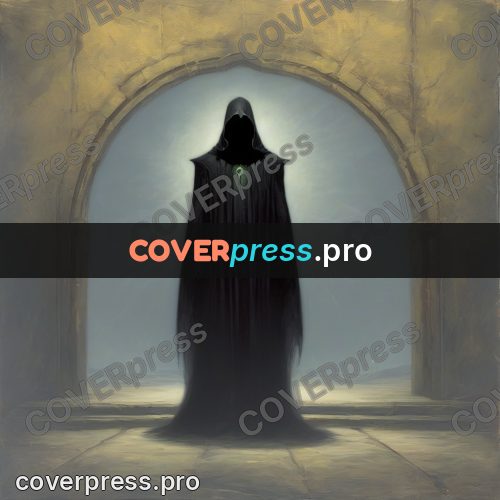 Dark fantasy illustration: figure in an arch against light