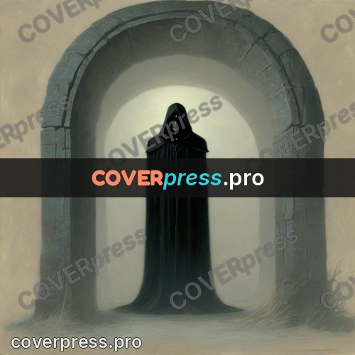 Dark fantasy illustration: figure in an arch against light