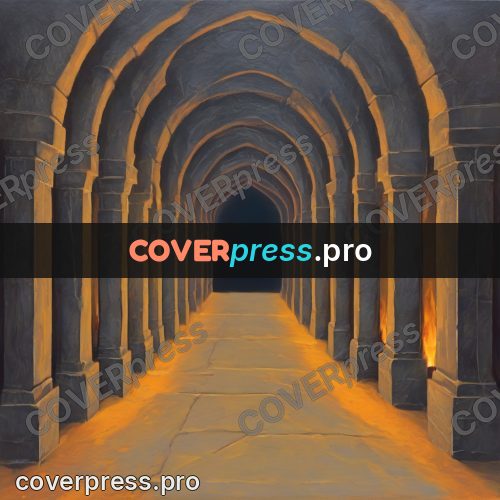 Dark fantasy illustration: enfilade of arches underground