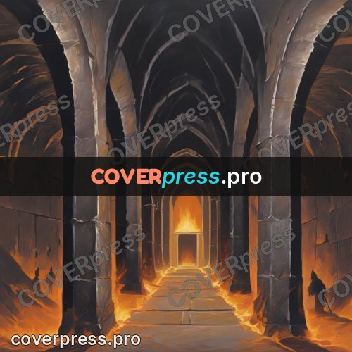 Dark fantasy illustration: enfilade of arches underground