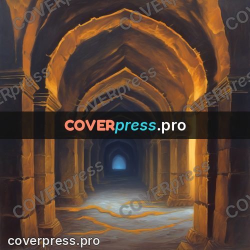 Dark fantasy illustration: enfilade of arches underground