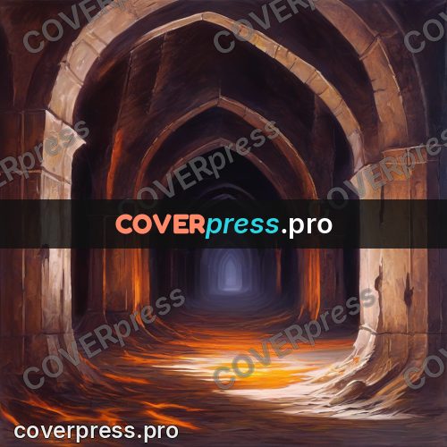 Dark fantasy illustration: enfilade of arches underground