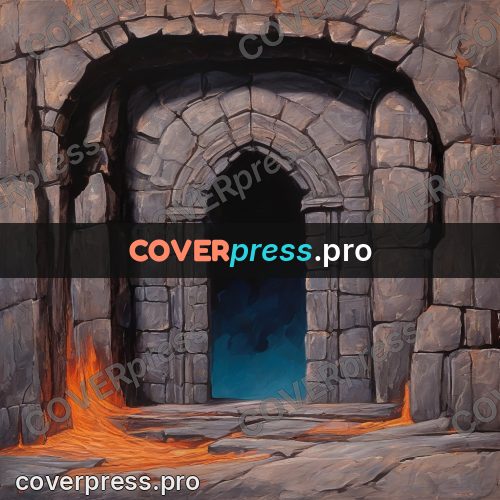 Dark fantasy illustration: arch with fire beyond it